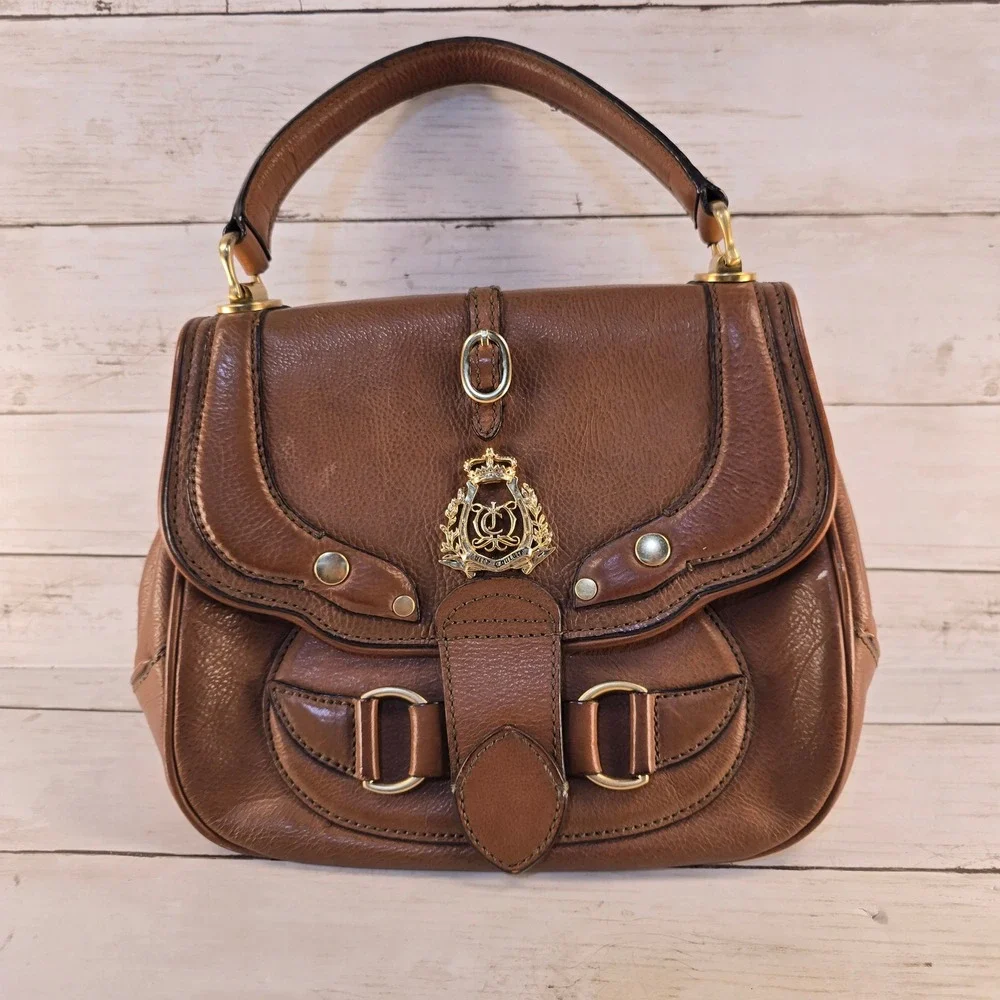 Vintage Y2K Juicy Couture Brown Pebbled Leather Satchel Bag Gold Crest Logo